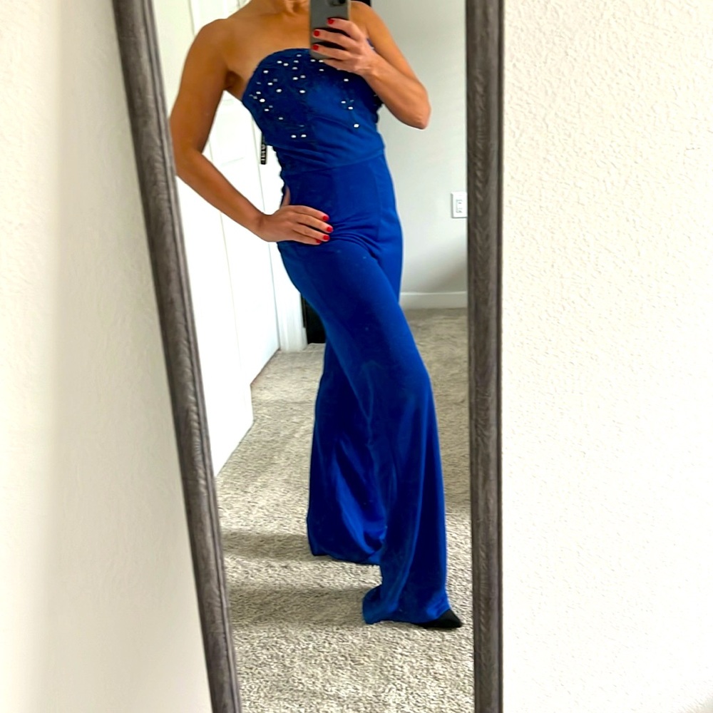 Regal Elegance: Royal Blue Jumpsuit with Lace and Stone Accents